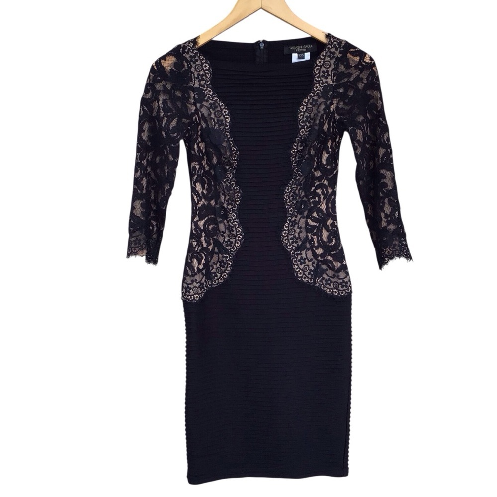 Tadashi Shoji Pintuck Jersey and Lace 3/4 Sleeve Dress in Black Nude $338 - Picture 6 of 9